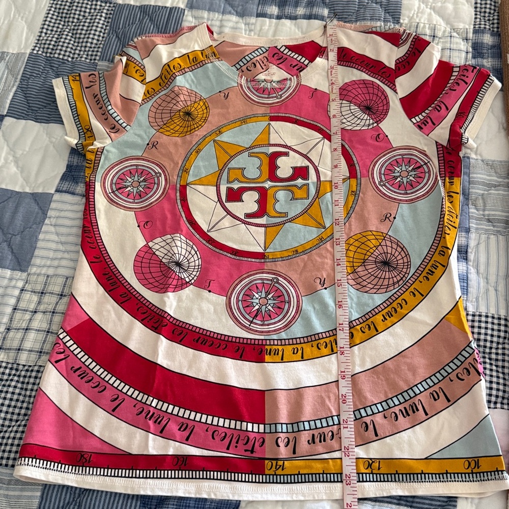 Tory Burch Compass Print T Shirt S Pinks Red 100 % cotton vguc - Picture 9 of 12